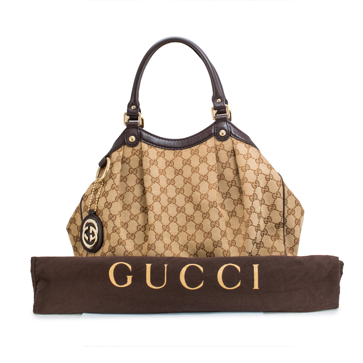 Gucci Sukey Beige Gg Canvas Brown Leather Gold-Tone Tote Bag