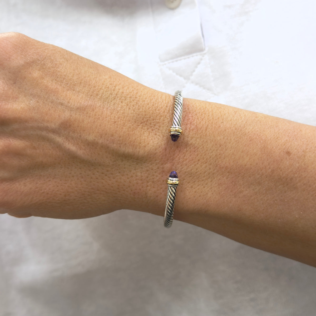 David Yurman Classic Cable Silver & 18K Gold 4MM Amethyst Cuff Bangle Bracelet