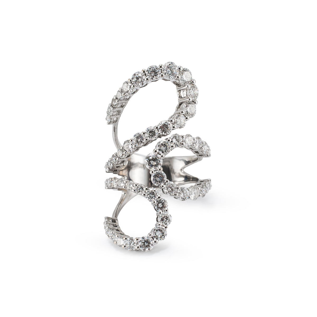 Ladies 18K White Gold Triple Swirl 5.00ctw Diamond Open Crossover Cocktail Ring