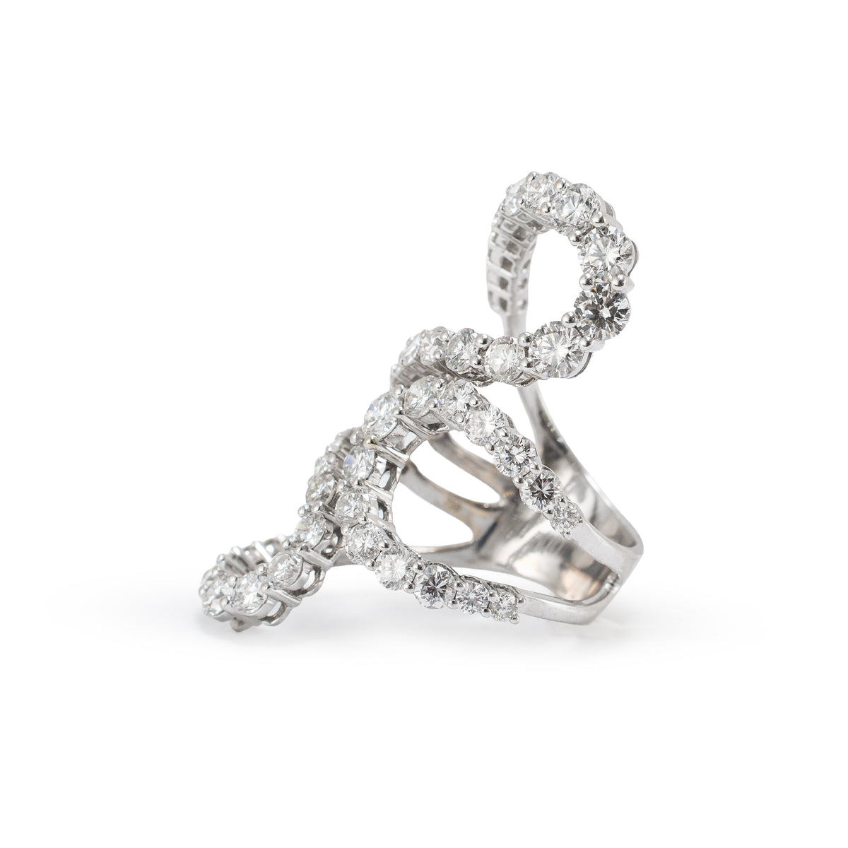 Ladies 18K White Gold Triple Swirl 5.00ctw Diamond Open Crossover Cocktail Ring