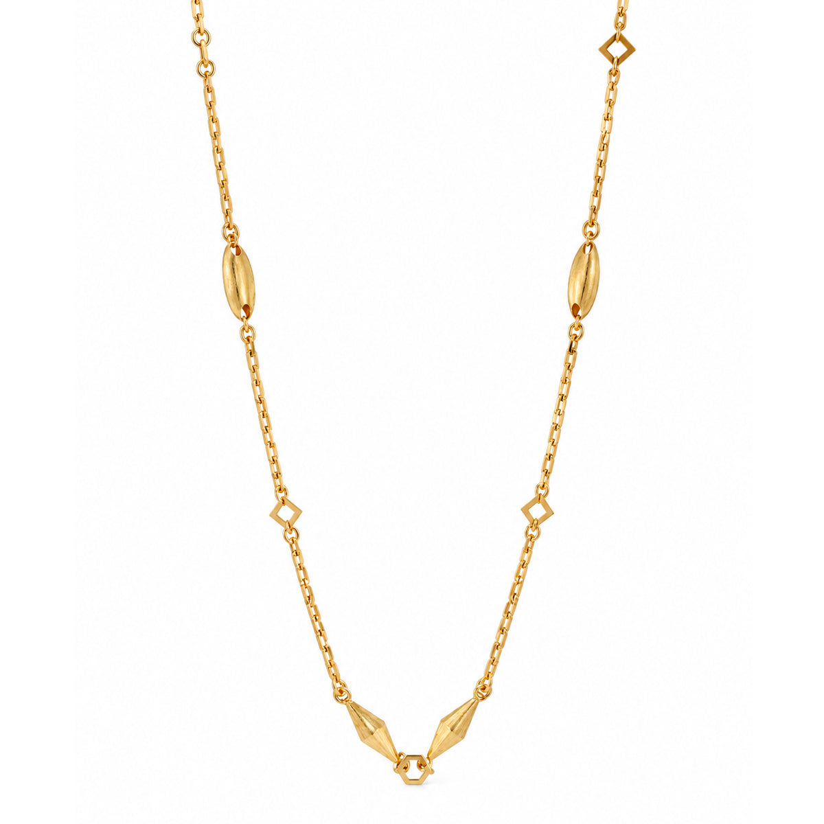Vintage 18K Yellow Gold Long Geometric Puffed Pebble Station Link Chain Necklace