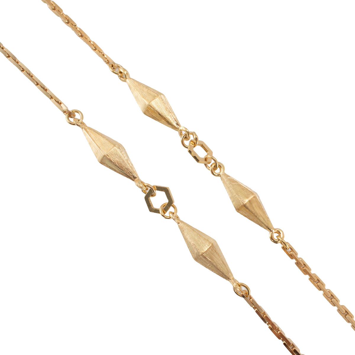 Vintage 18K Yellow Gold Long Geometric Puffed Pebble Station Link Chain Necklace