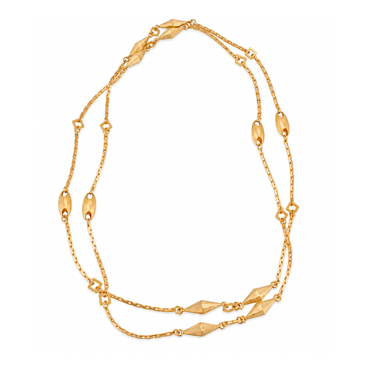 Vintage 18K Yellow Gold Long Geometric Puffed Pebble Station Link Chain Necklace