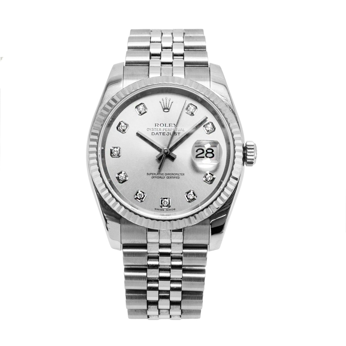 Rolex Datejust 36MM 116234 Silver Diamond Dial 18K White Gold Steel Watch