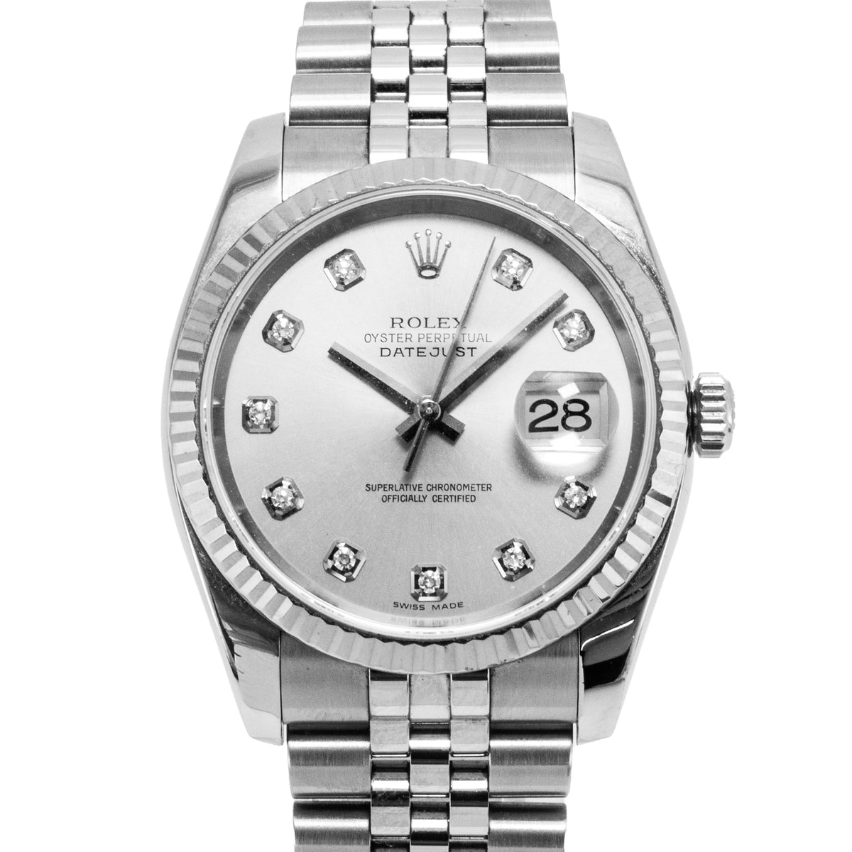 Rolex Datejust 36MM 116234 Silver Diamond Dial 18K White Gold Steel Watch
