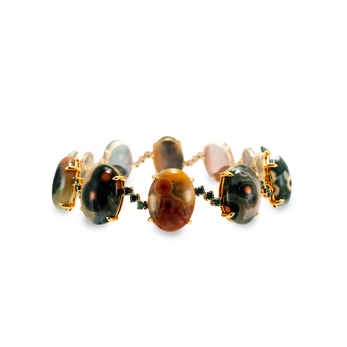 18K Yellow Gold Jasper Cabochons & Green Treated Diamonds Station Link Bracelet