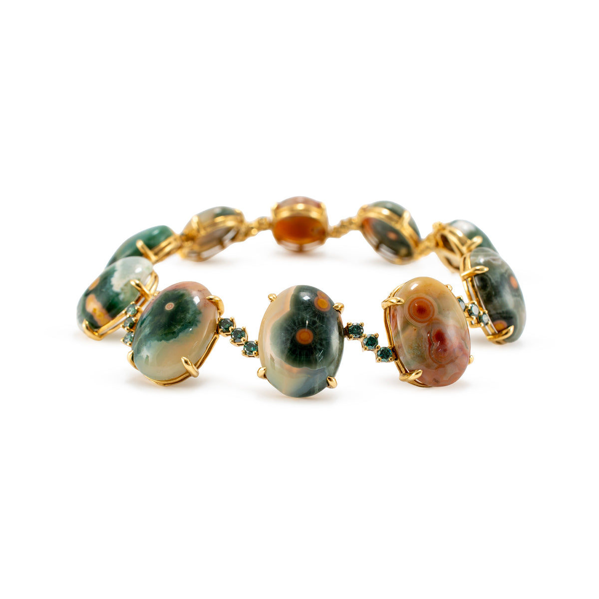 18K Yellow Gold Jasper Cabochons & Green Treated Diamonds Station Link Bracelet