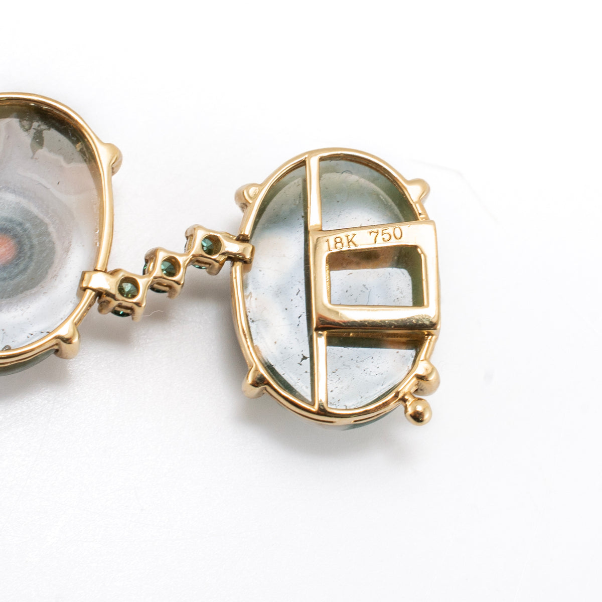 18K Yellow Gold Jasper Cabochons & Green Treated Diamonds Station Link Bracelet