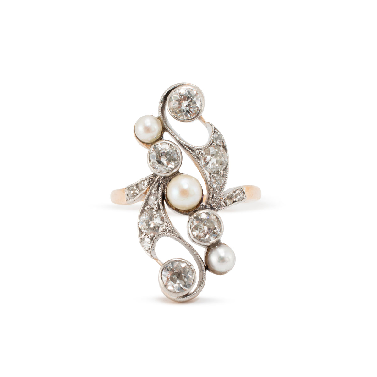 Antique Platinum 14K Pearl 1.55ctw Old Euro Diamonds Belle éPoque Cocktail Ring