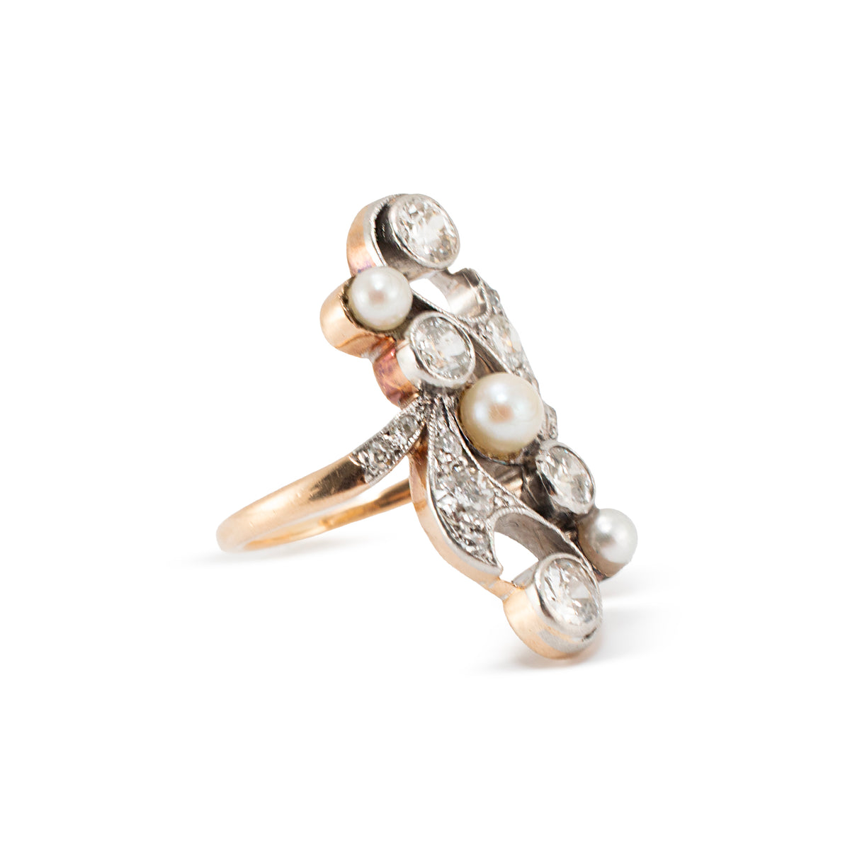 Antique Platinum 14K Pearl 1.55ctw Old Euro Diamonds Belle éPoque Cocktail Ring