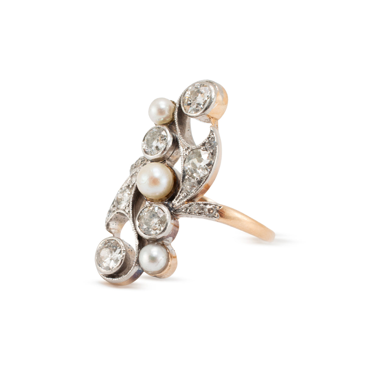 Antique Platinum 14K Pearl 1.55ctw Old Euro Diamonds Belle éPoque Cocktail Ring