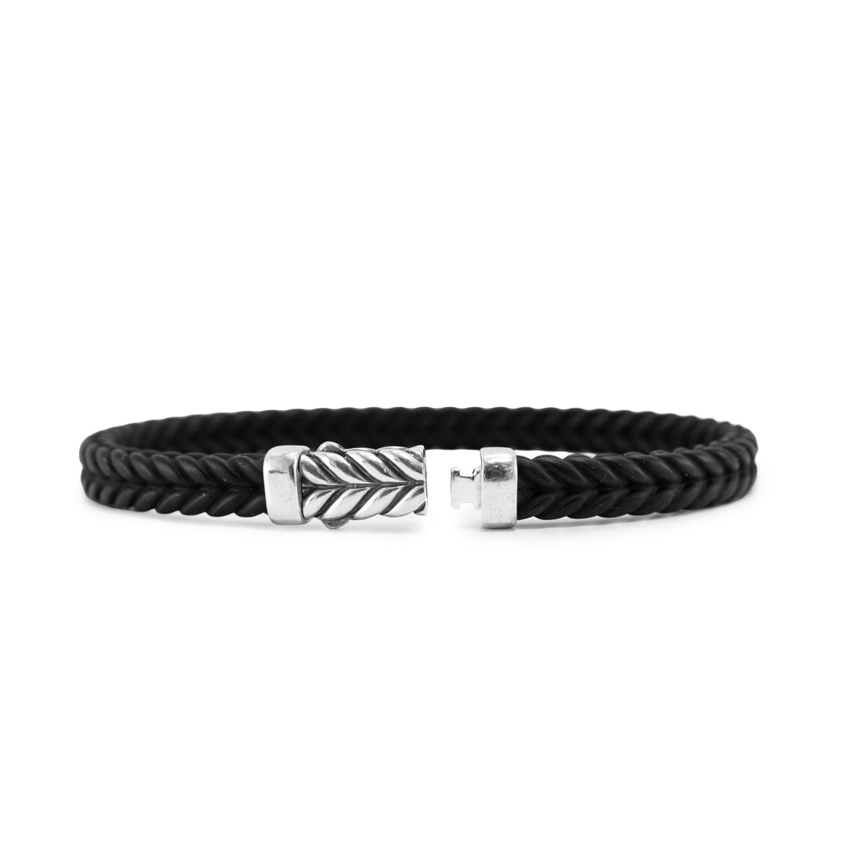 David Yurman Men’s 6MM Chevron 925 Silver Black Rubber Bangle Bracelet