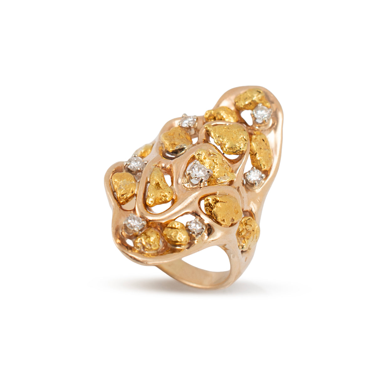 Orocal Genuine Hand Crafted Gold Nugget 14K Yellow Gold Diamond Cocktail Ring