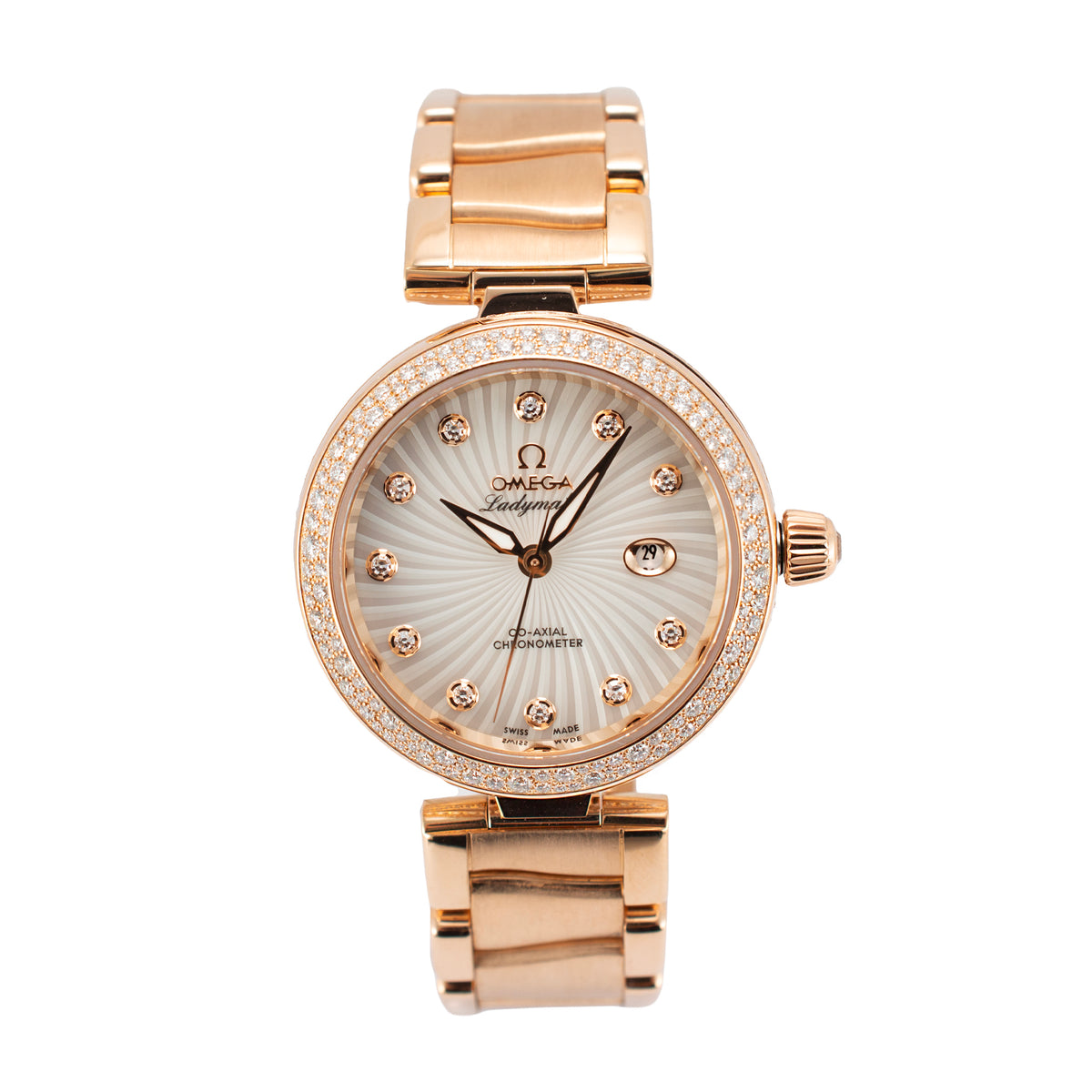 Ladies Omega de Ville Matic 34MM 42565342055001 Mop Diamond 18K Rose Gold Watch