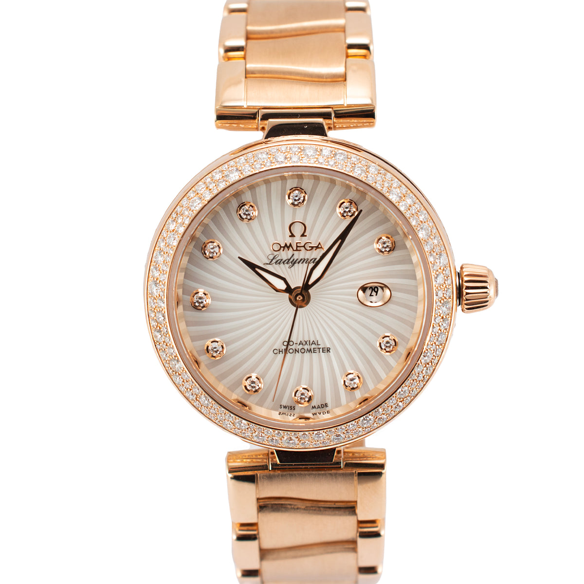 Ladies Omega de Ville Matic 34MM 42565342055001 Mop Diamond 18K Rose Gold Watch