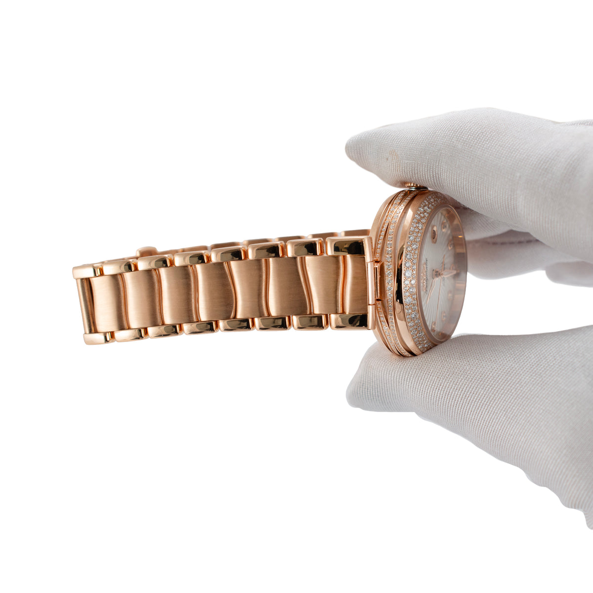 Ladies Omega de Ville Matic 34MM 42565342055001 Mop Diamond 18K Rose Gold Watch