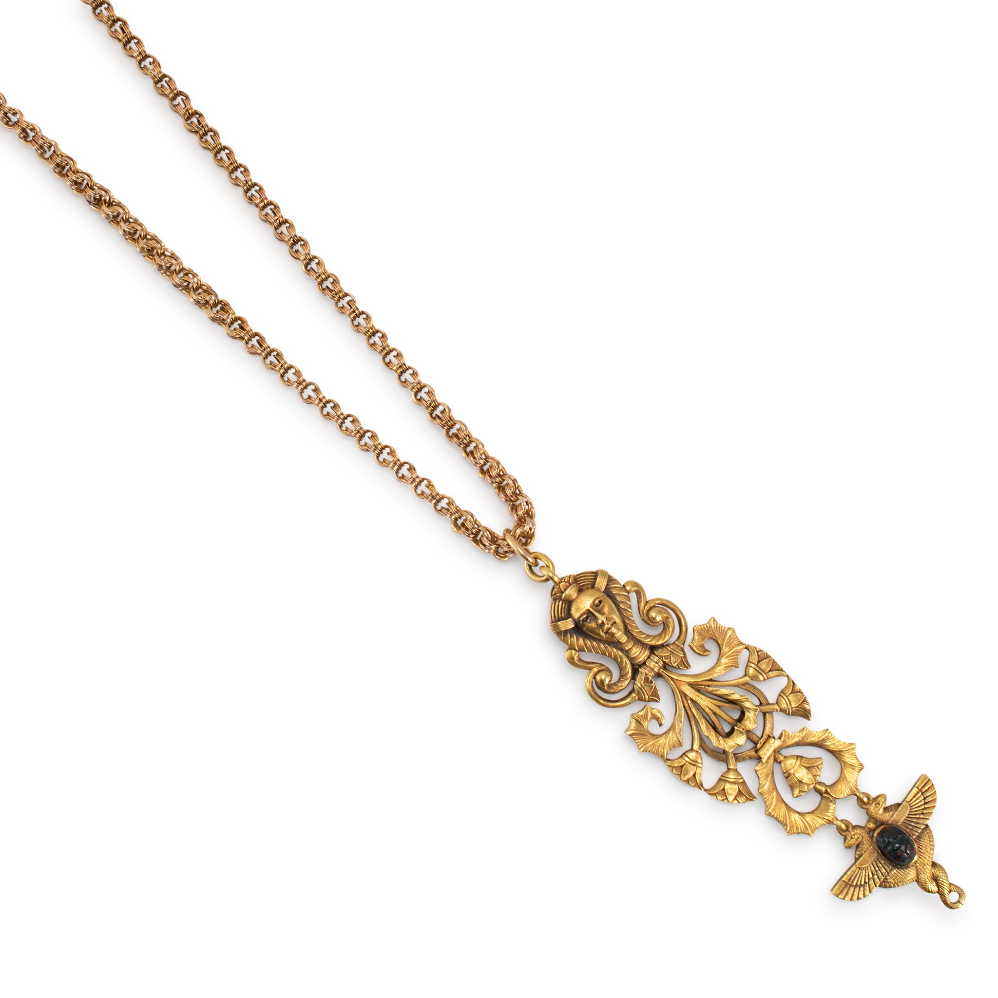 Victorian Antique 19K Yellow Gold Egyptian Pendant Chain Necklace