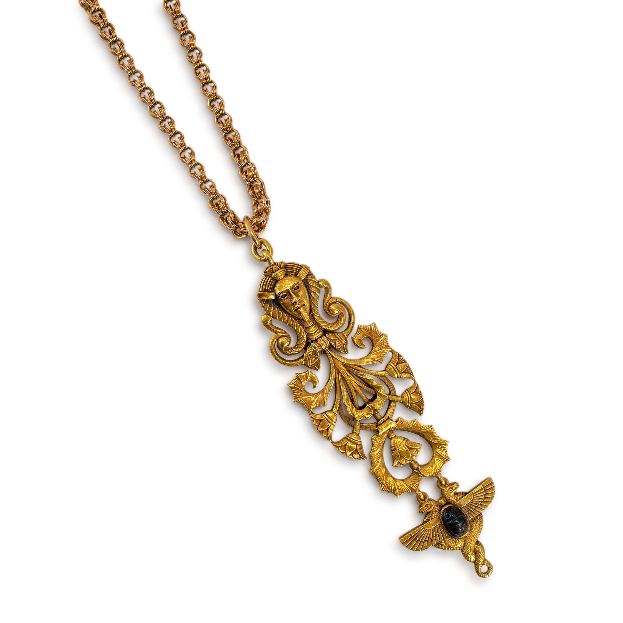 Victorian Antique 19K Yellow Gold Egyptian Pendant Chain Necklace