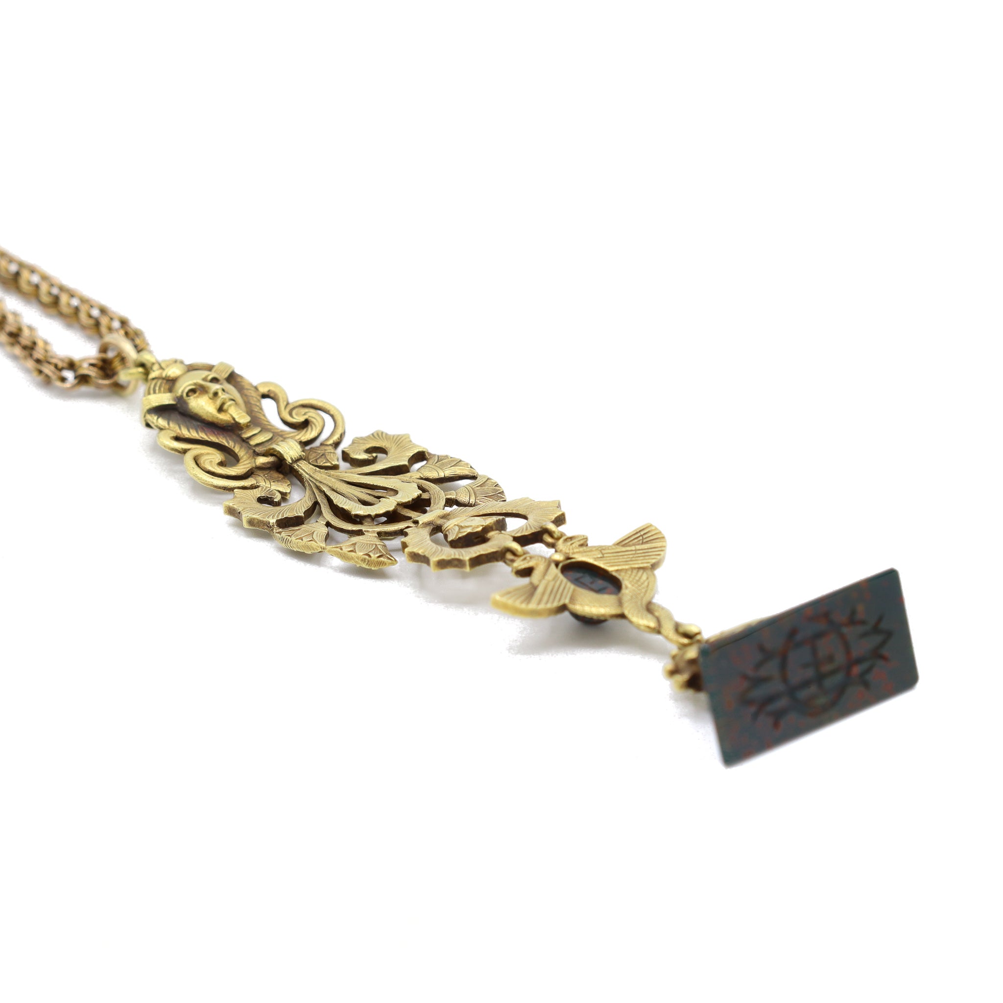 Victorian Antique 19K Yellow Gold Egyptian Pendant Chain Necklace