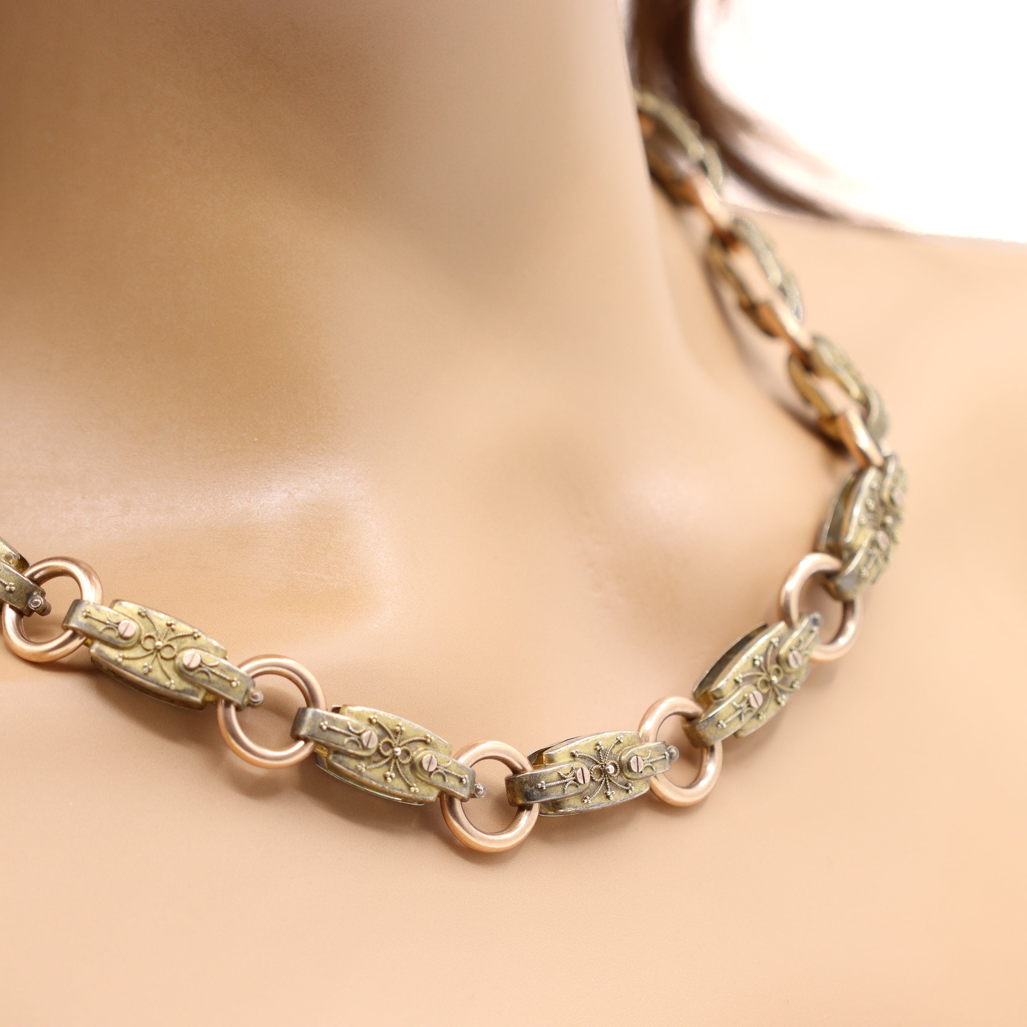 Victorian Bronze Necklace, 18K Gold Heavy Link Chain Necklace, Chunky One Of A Kind Antique Jewelry, Handmade Jewelry