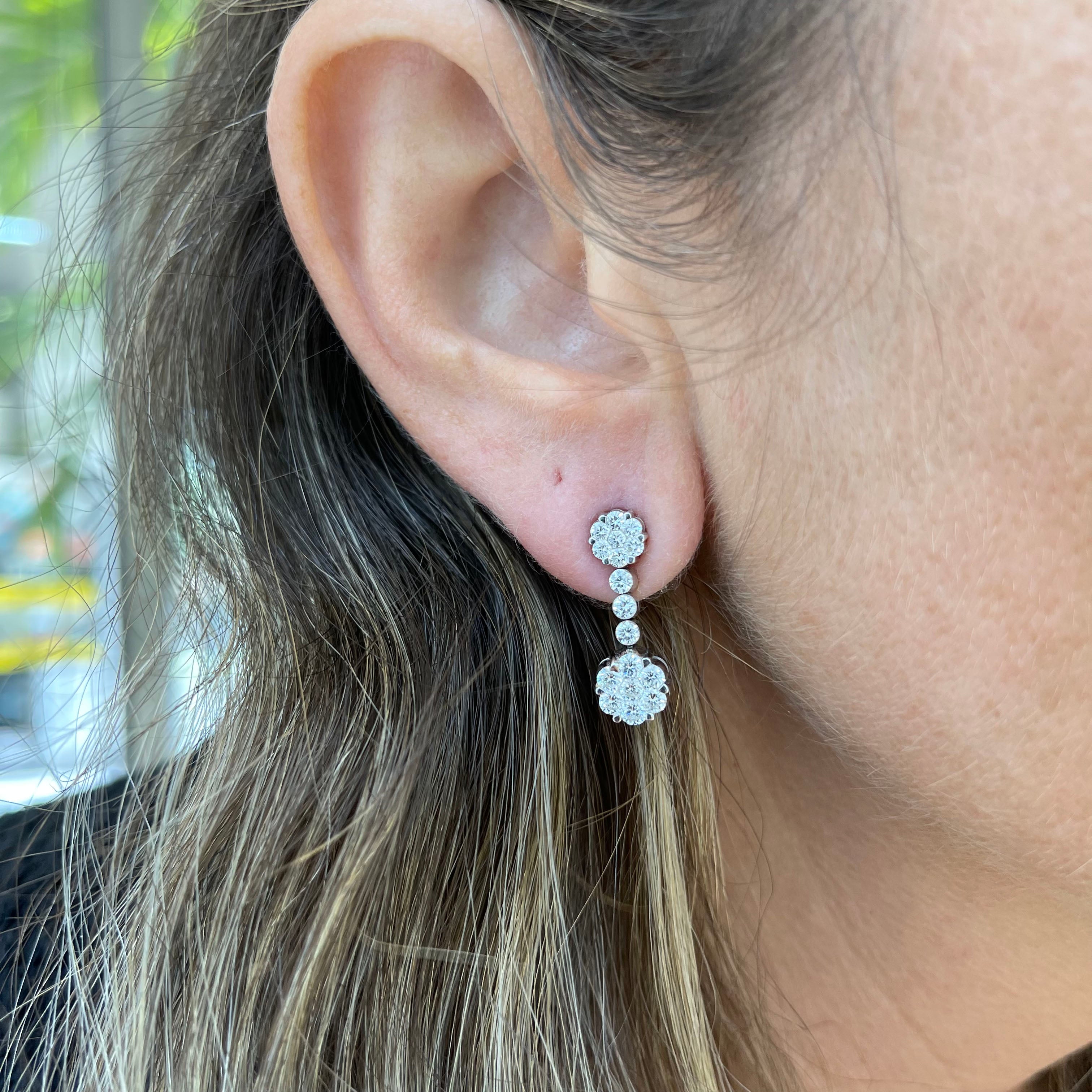 Ladies 18K White Gold 1.62 CT Invisible Set Diamond Floral Drop Earrings