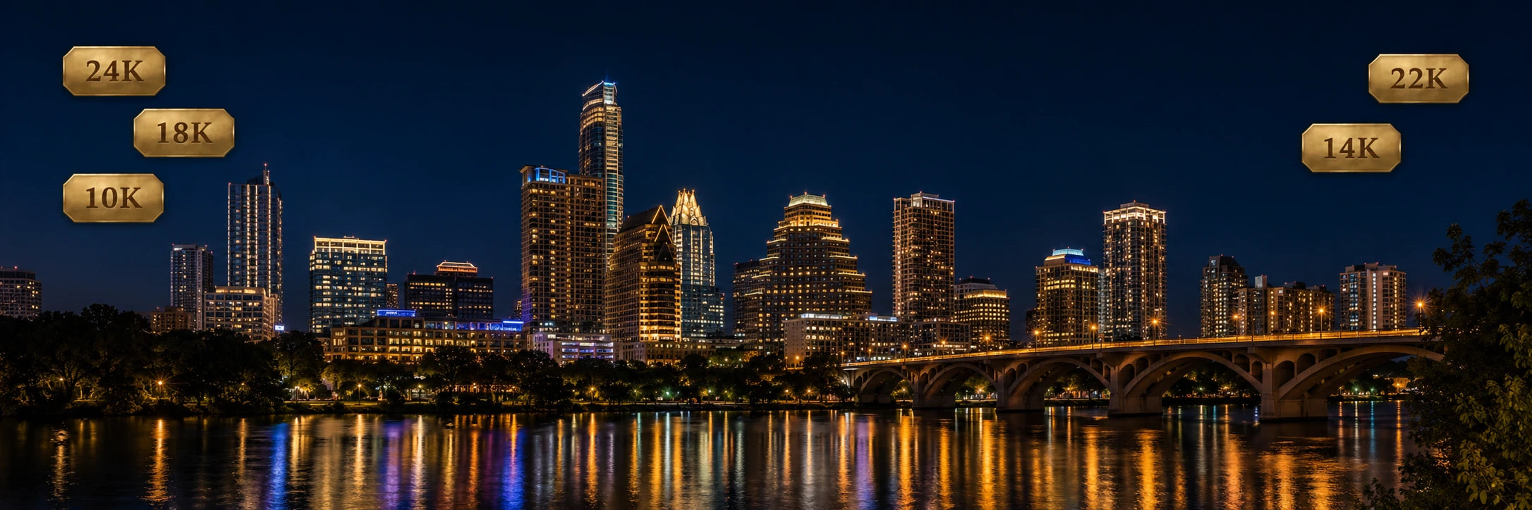 Austin gold buyers desktop hero banner featuring the illuminated downtown Austin skyline, a single bridge over the Colorado River, nighttime reflections, and 10K, 14K, 18K, 22K, and 24K gold hallmarks for DJP Jewelers & Luxury Buyers, where customers can sell gold jewelry, coins, bullion, and scrap gold in Austin, Texas.