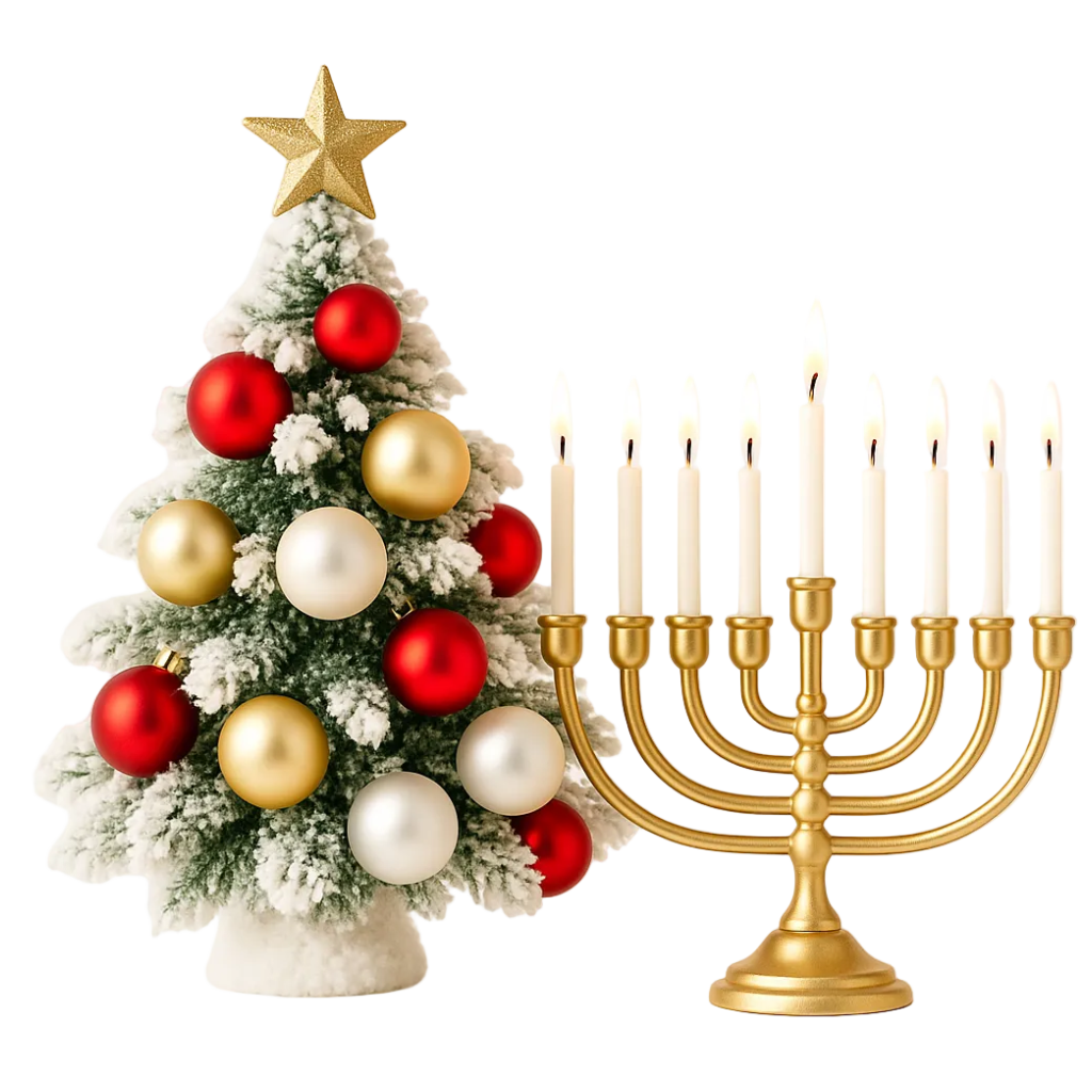Decorative Christmas tree with red, gold, and white ornaments next to a gold Menorah with candles on a white background.