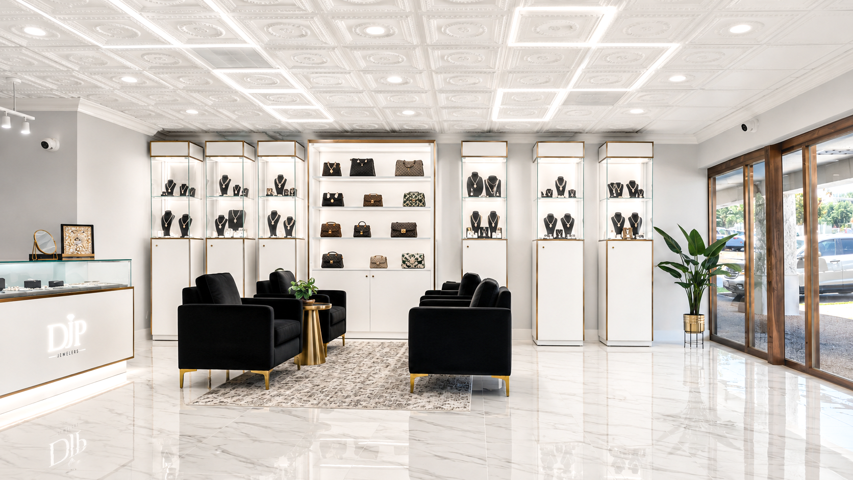 Modern interior of a jewelry store with black chairs and display cases at djp Jewelers & luxury Buyers Austin