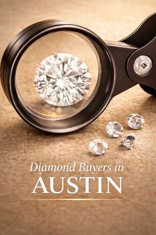 Magnifying glass with a diamond and scattered diamonds on a wooden surface, promoting diamond buyers in Austin.
