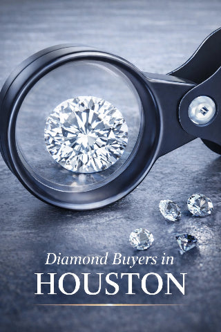 Diamond being examined under a magnifying glass with text 'Diamond Buyers in Houston' on a textured background.