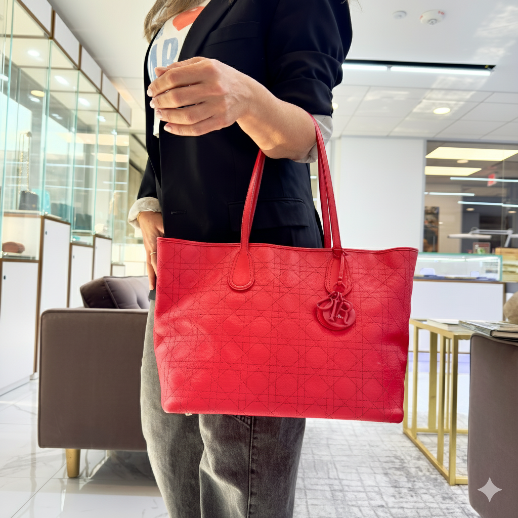 Christian Dior Panarea Medium Red Cannage Quilted Nylon Tote Handbag