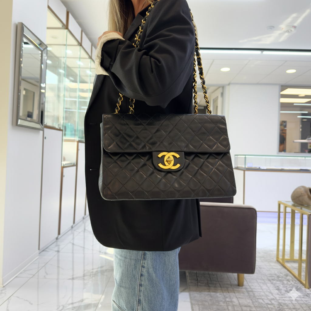 Vintage Chanel 1990s Black Lambskin Leather Quilted XL Jumbo Flap Bag