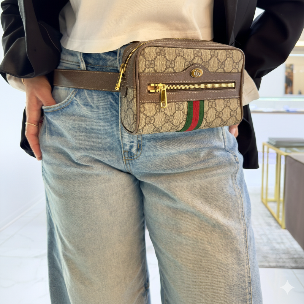 Gucci Small GG Supreme Brown Monogram Ophidia Belt Bag