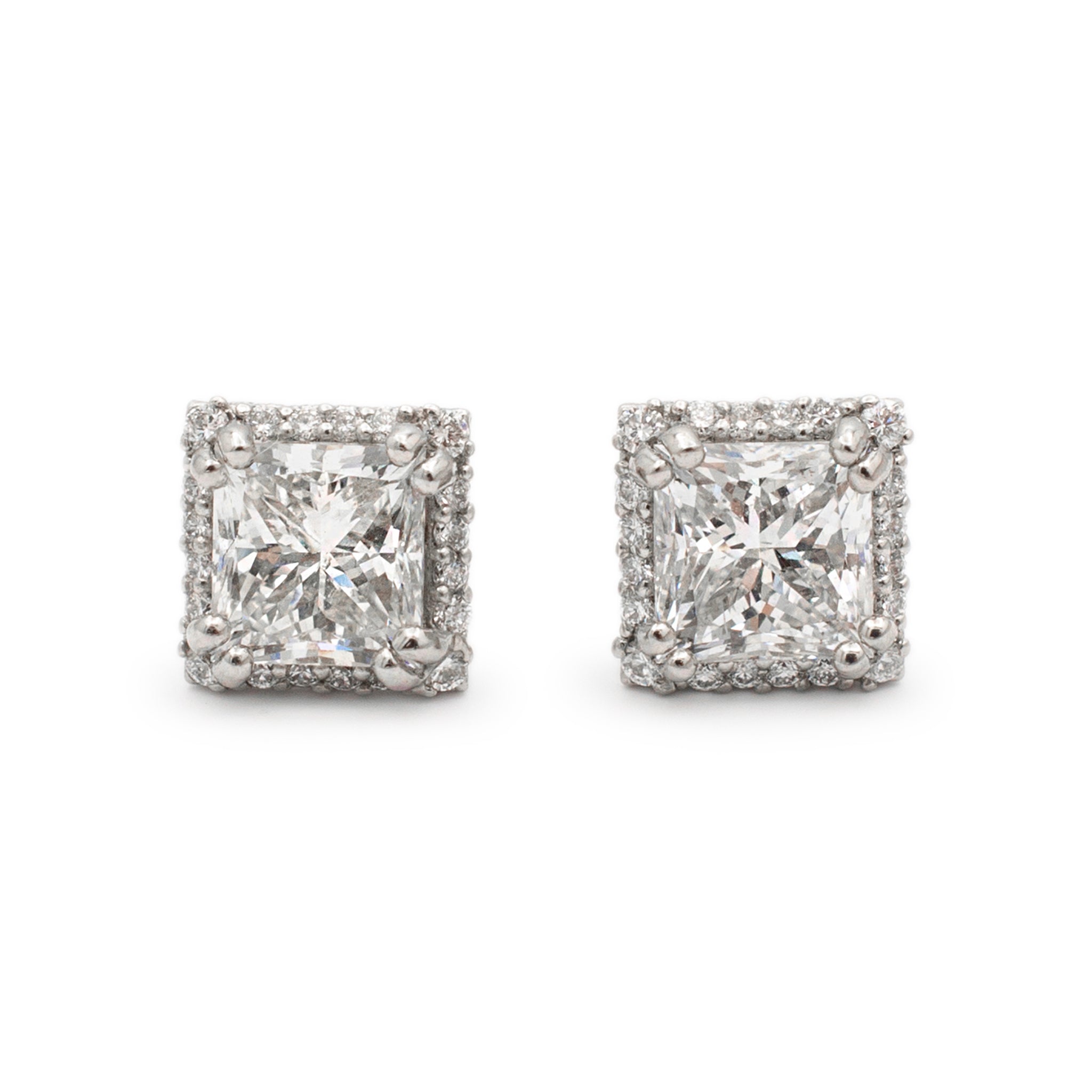 Tacori Ladies 18K White Gold Filigreed Style Square Princess Cut Halo Diamond Stud Earrings