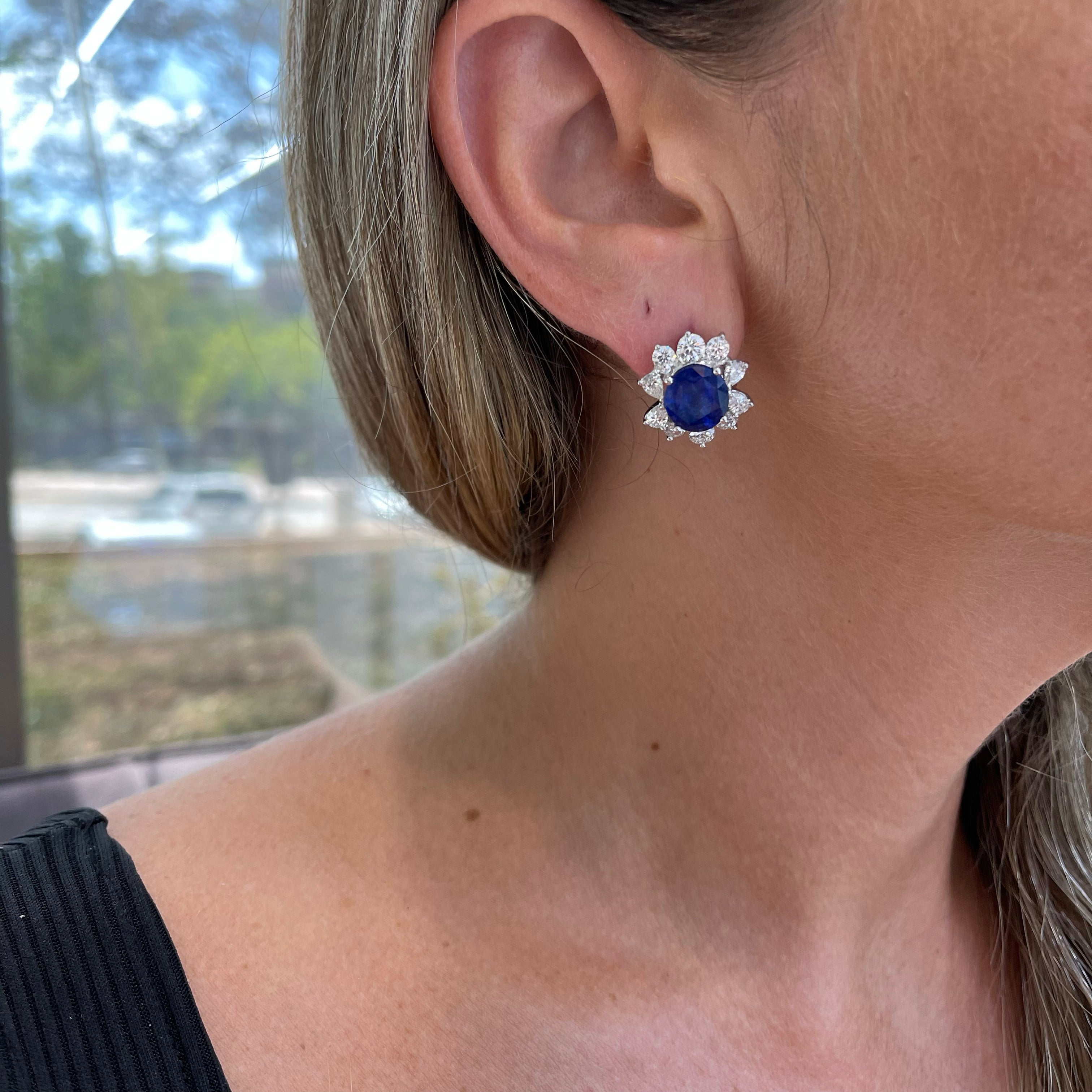 Ladies Platinum & 18K White Gold Natural GIA Sri Lanka Sapphires Halo Diamond Flower Shaped Drop Earrings