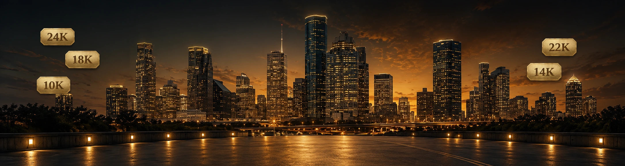 Houston skyline with gold karat markers representing 10K, 14K, 18K, 22K, and 24K gold for DJP Jewelers & Luxury Buyers, trusted gold buyers near you to sell gold in Houston.