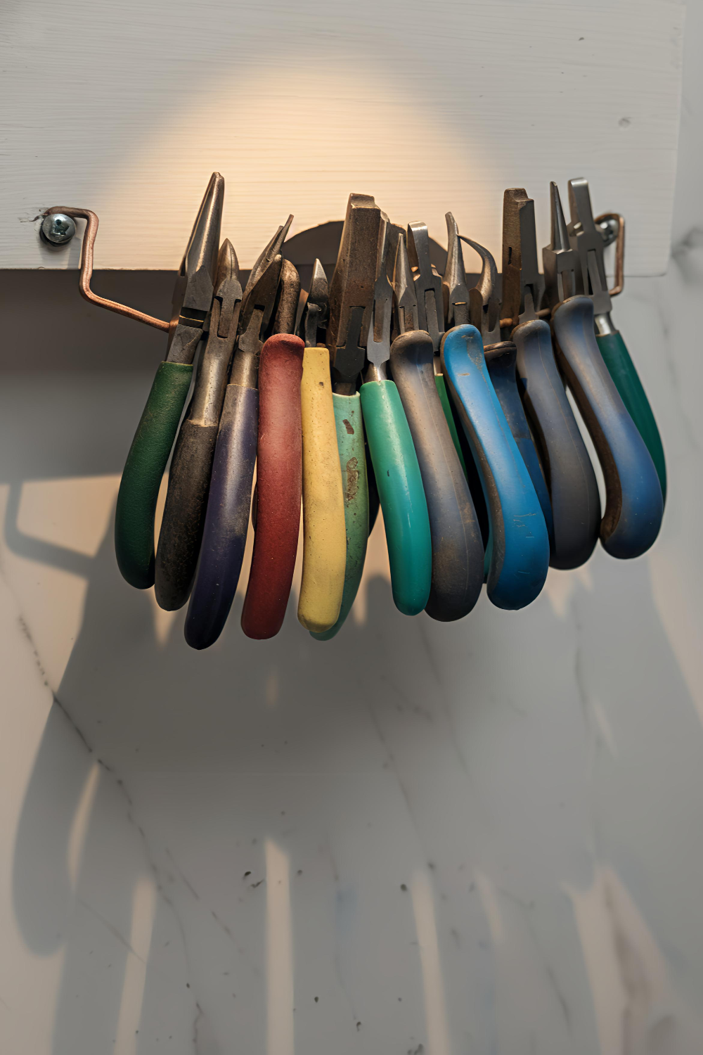 Set of pliers with colored handles hanging on a magnetic strip- tools for jewelry repair at DJP