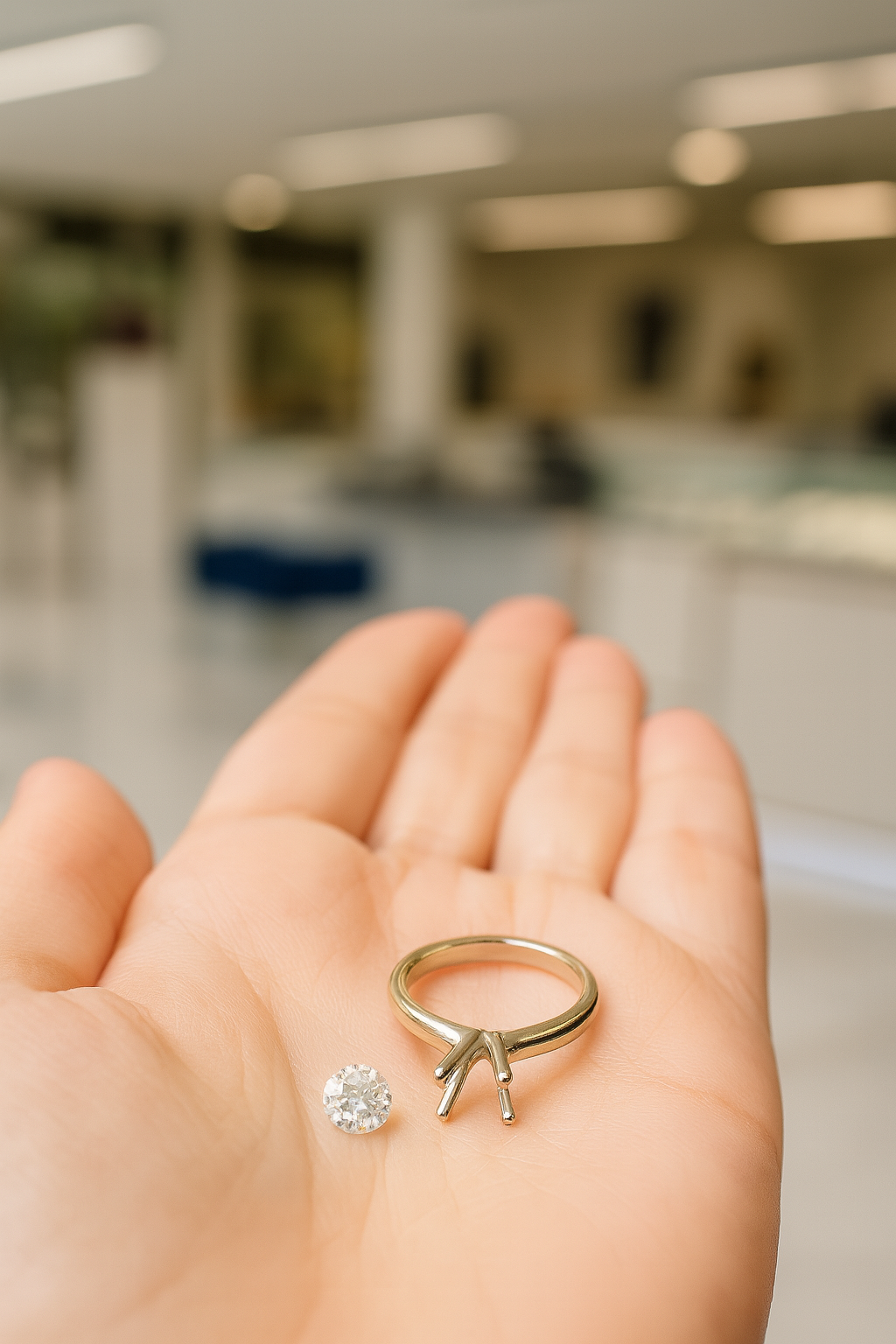 Gold ring and diamond on a person's palm with a blurred indoor background of DJP Jewelers Store- Jewelry repair service available