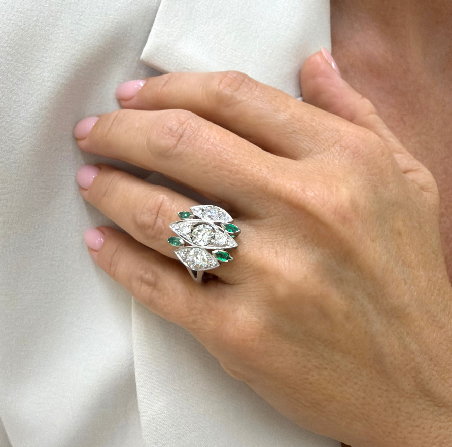 Antique Art Deco Platinum Ctw Old Cut Diamond & Emerald Dinner Cocktail Ring
