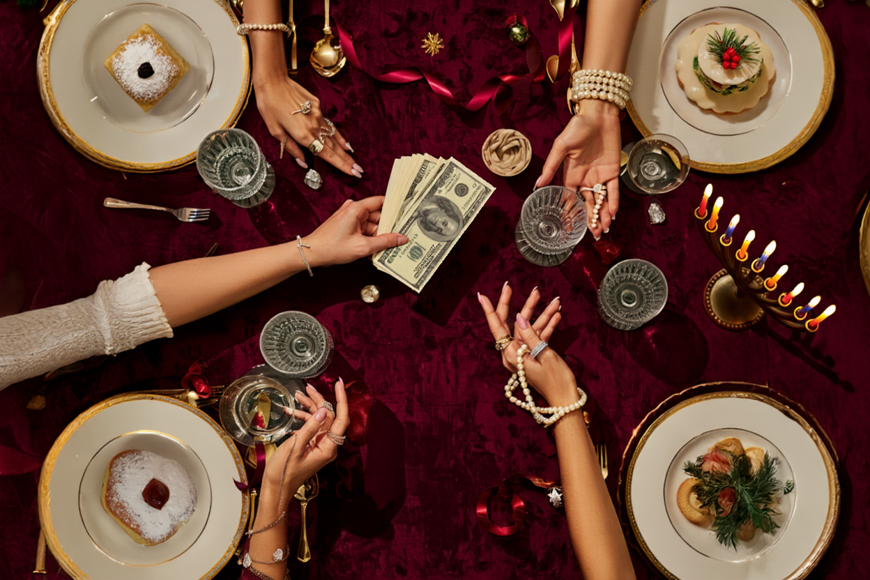 People at a festive table with plates, money, and candles on a red tablecloth.