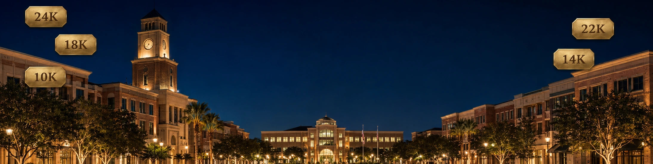 Nighttime view of Sugar Land, Texas, with illuminated buildings, trees, and a central tower, featuring gold purity hallmarks including 24K, 22K, 18K, 14K, and 10K for DJP Jewelers & Luxury Buyers, trusted Sugar Land gold buyers.