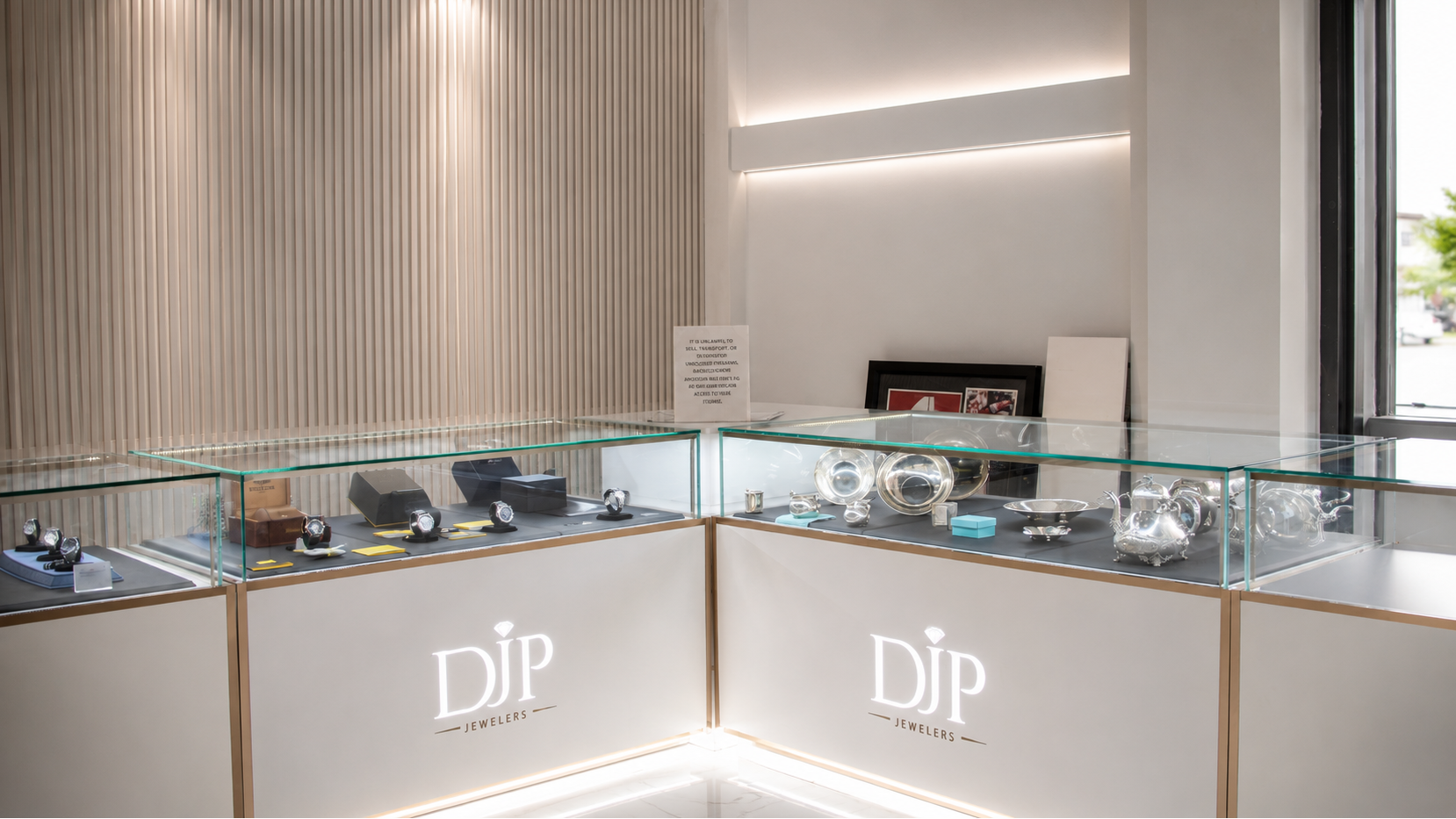 Jewelry display case inside Heritage Jewelry & Loan by DJP, part of DJP Jewelers & Luxury Buyers in Sugar Land, offering gold and jewelry buying, luxury watch sales, repairs, appraisals, and collateral loans.