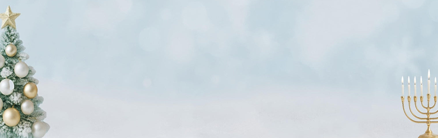 Decorative Christmas tree with gold star on top and menorah on a light blue gradient background.