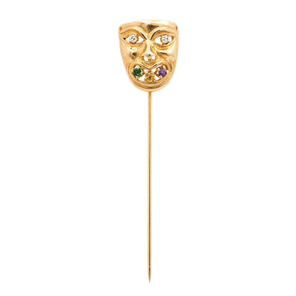 Vintage 14K Yellow Gold Diamond Emerald Amethyst Citrine Mask Pin
