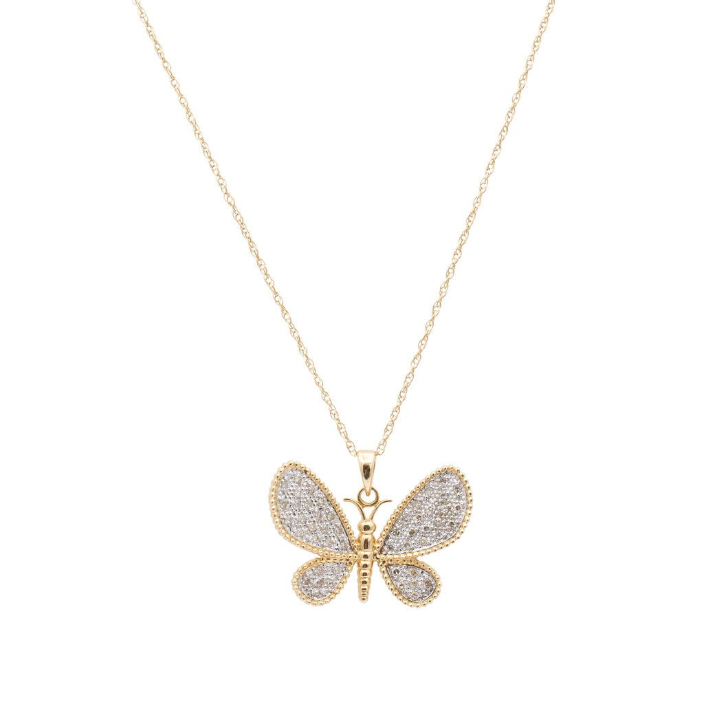 Ladies 14K Yellow Gold Cluster Pave Diamond Butterfly Pendant Necklace