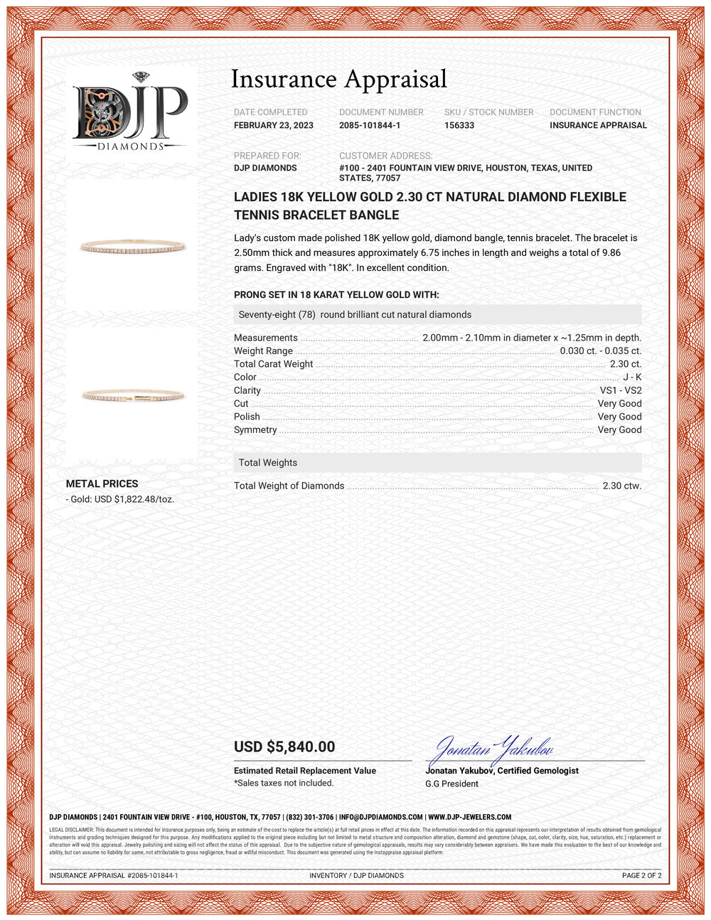 Ladies 18K Yellow Gold Natural Diamond Flexible Tennis Bracelet 2.30 CTW