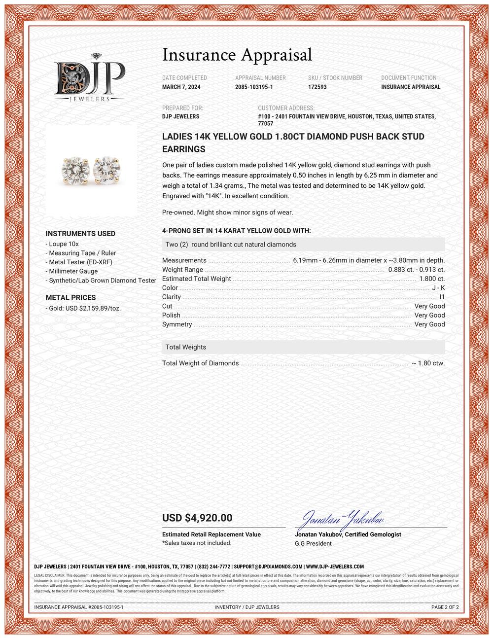 Ladies 14K Yellow Gold 1.80CT Diamond Push Back Stud Earrings