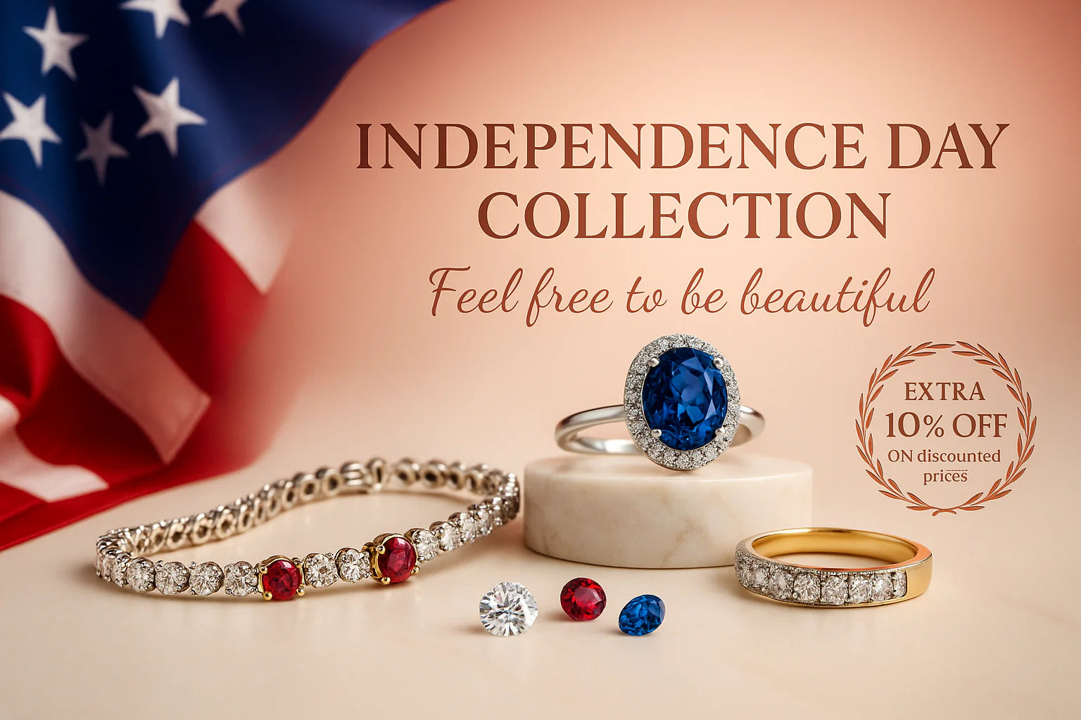 Independence Day Collection banner for DJP Jewelers—Houston, The Woodlands, Sugar Land & Austin—showing flag backdrop, ruby-diamond bracelet, sapphire ring, gold band, and ‘Extra 10 % Off’ badge.