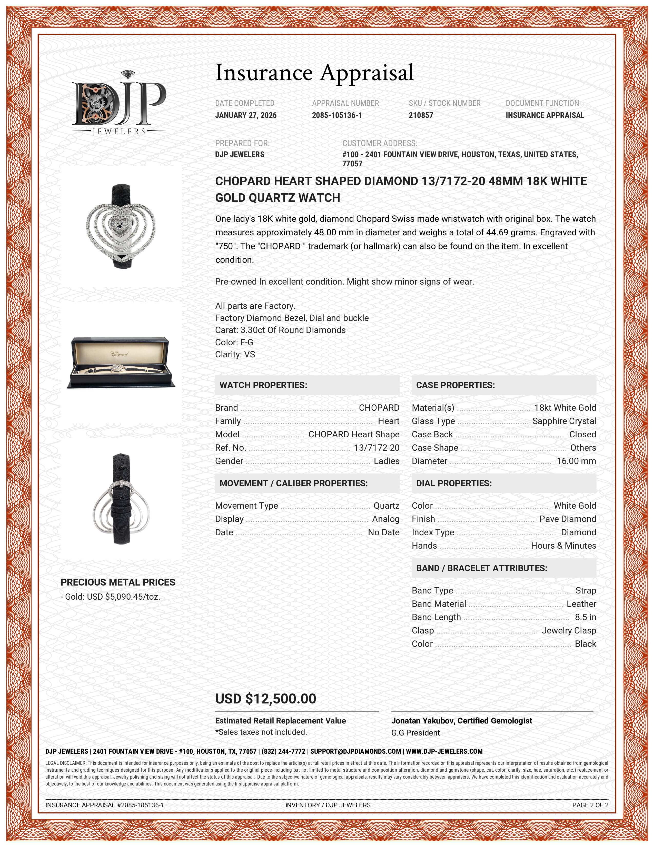 Ladies Chopard Heart Shaped Diamond 13/7172-20 48MM 18K White Gold Watch