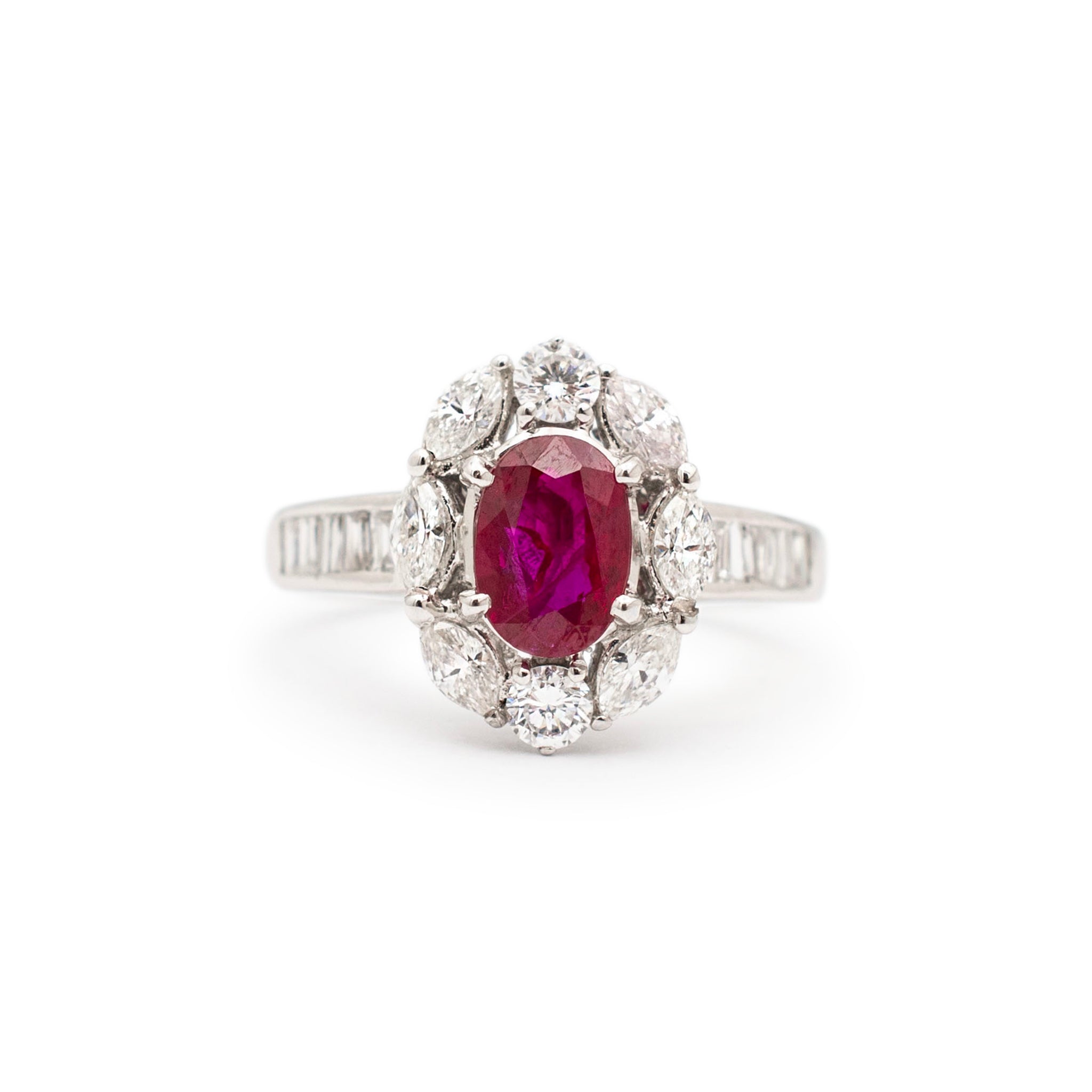 Ladies Vintage 18K White Gold 1.04ct. Gia Oval Ruby Halo Marquee Diamond Cocktail Ring